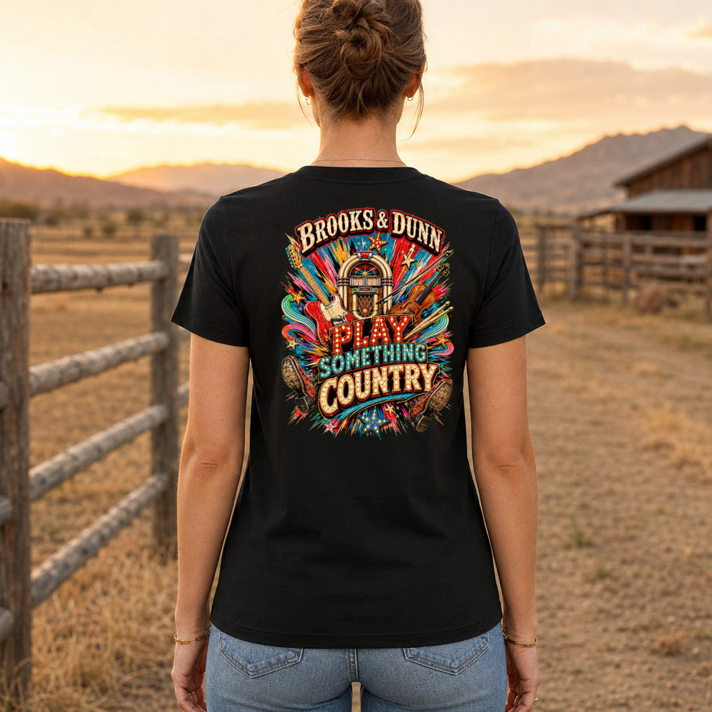 Brooks & Dunn Play Something Country Premium DTF T-Shirt women’s back fit showing centred DTF print