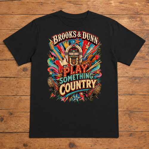 Brooks & Dunn Play Something Country Premium DTF T-Shirt flat lay showing large back print