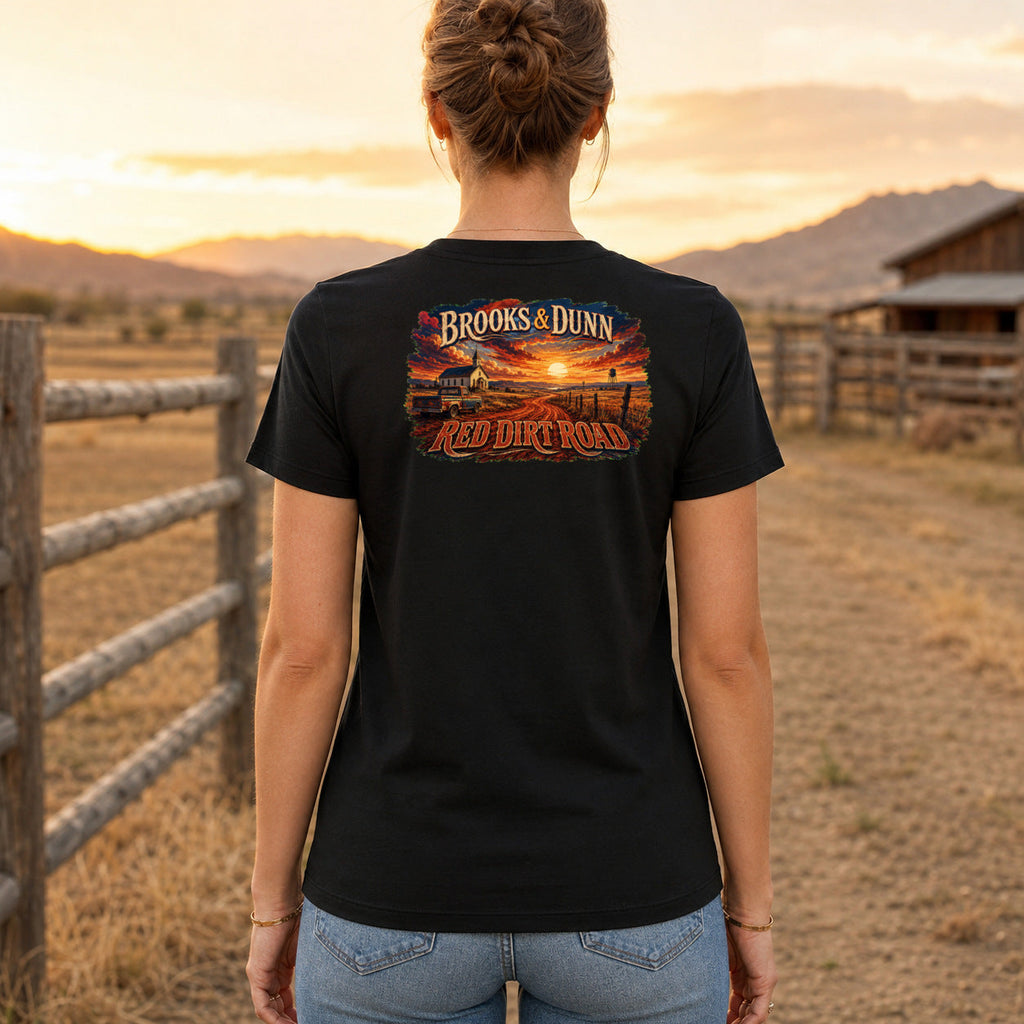 Brooks & Dunn Red Dirt Road Premium DTF T-Shirt women’s back fit showing centred DTF print