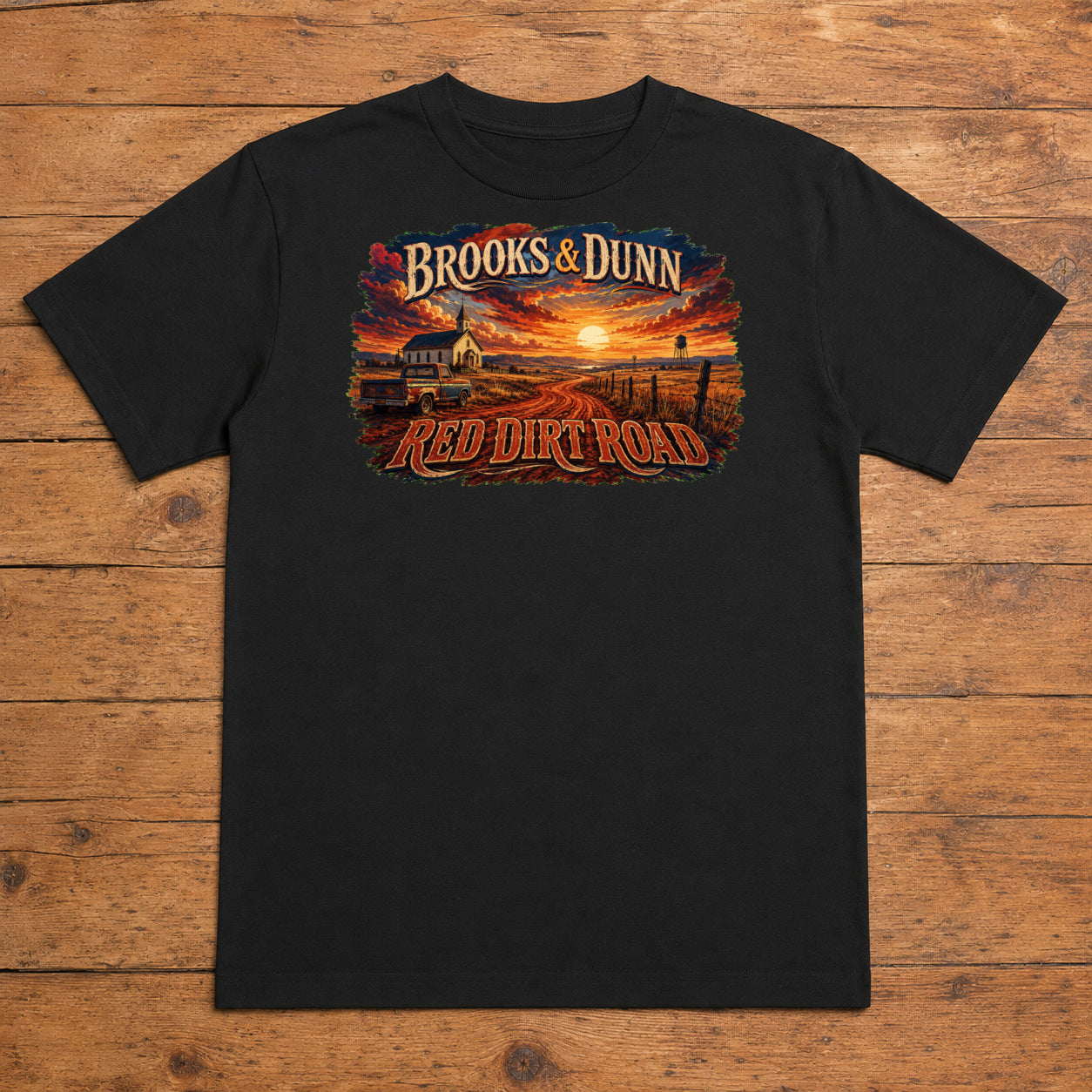 Brooks & Dunn Red Dirt Road Premium DTF T-Shirt flat lay showing large back print