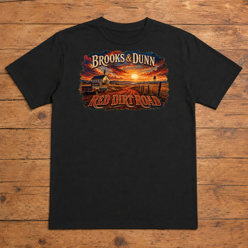 Brooks & Dunn Red Dirt Road Premium DTF T-Shirt flat lay showing large back print