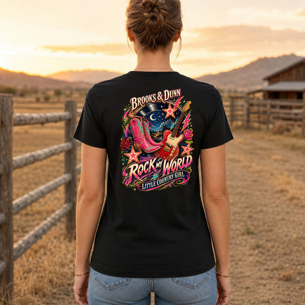 Brooks & Dunn Rock My World Premium DTF T-Shirt women’s back fit showing centred DTF print
