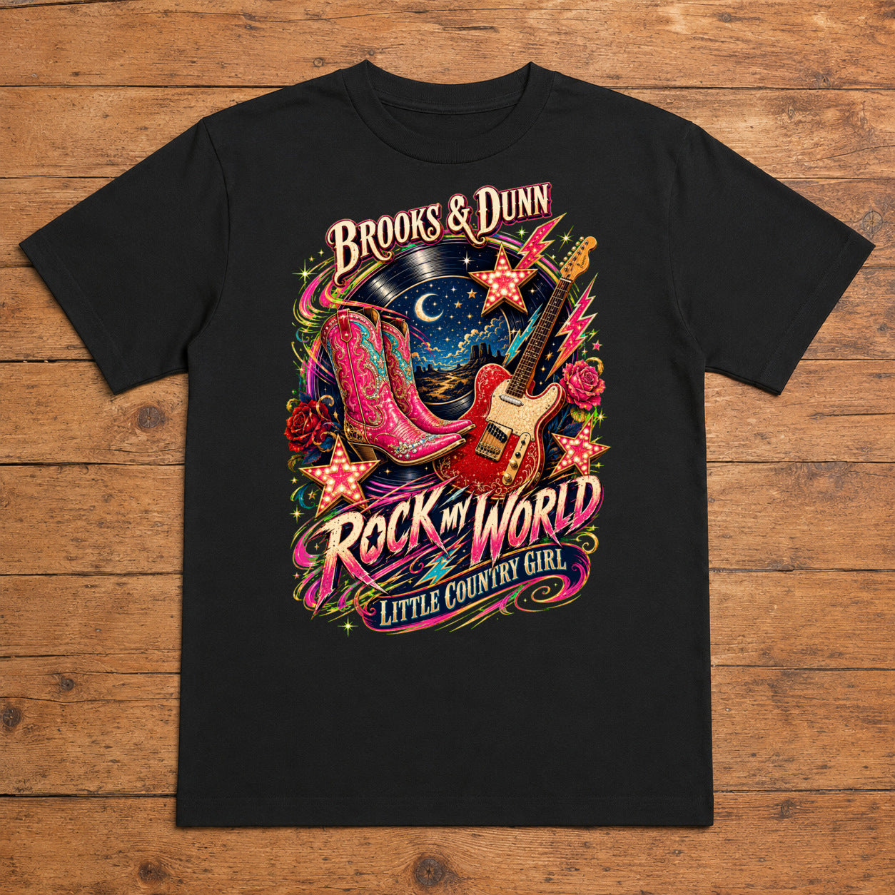 Brooks & Dunn Rock My World Premium DTF T-Shirt flat lay showing large back print