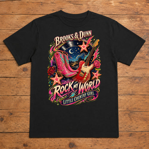 Brooks & Dunn Rock My World Premium DTF T-Shirt flat lay showing large back print