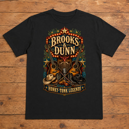 Brooks & Dunn She Used to Be Mine Premium DTF T-Shirt flat lay showing large back print