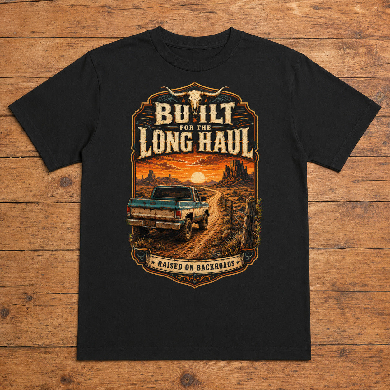 Built for the Long Haul black country truck T-shirt flat lay with large back print