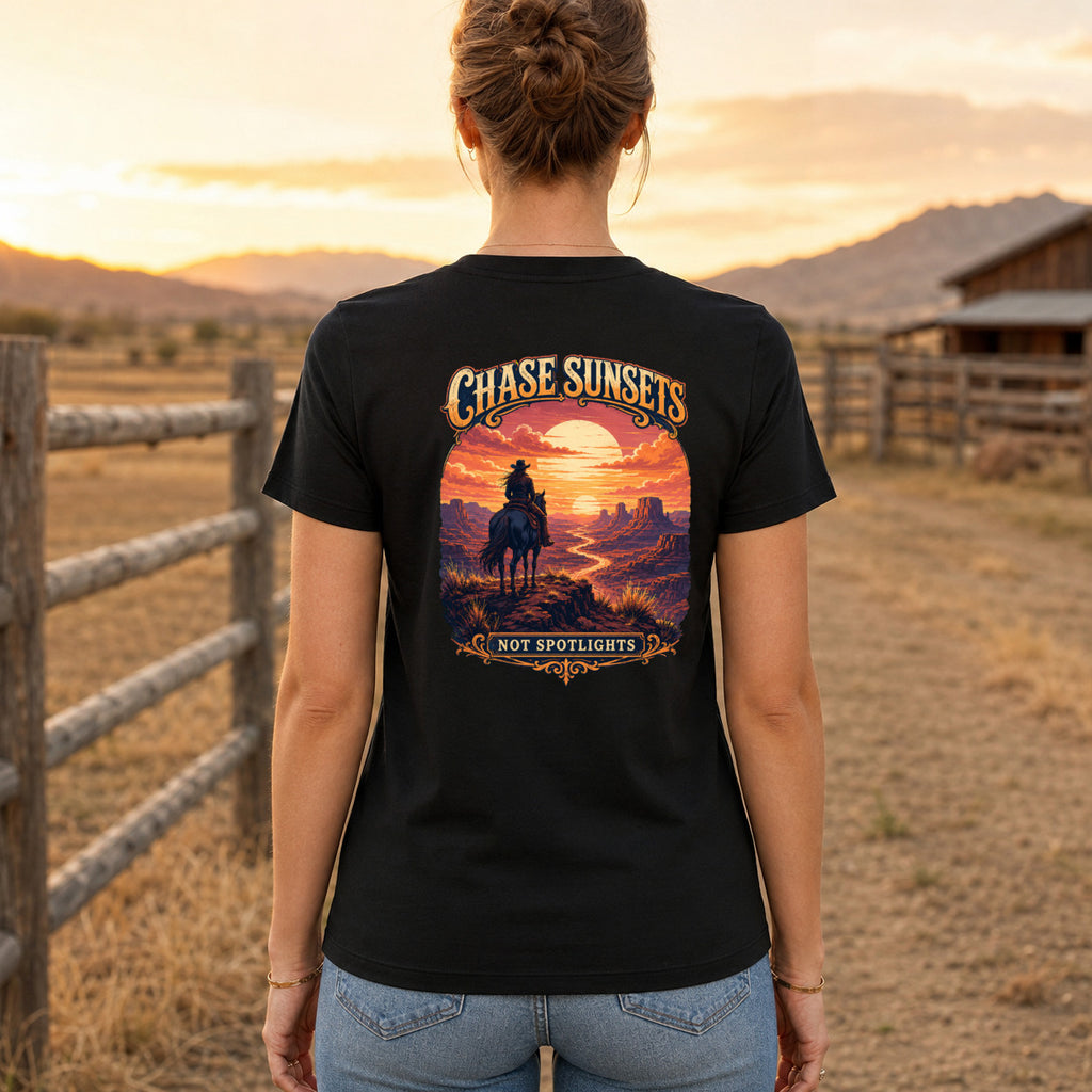 Chase Sunsets Not Spotlights country T-shirt women's back fit