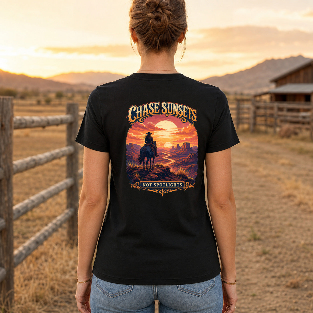 Chase Sunsets Not Spotlights country T-shirt women's back fit