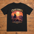 Chase Sunsets Not Spotlights black western sunset T-shirt flat lay with large back print