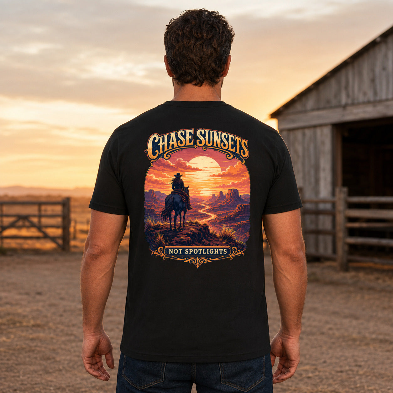 Chase Sunsets Not Spotlights country T-shirt men's back fit