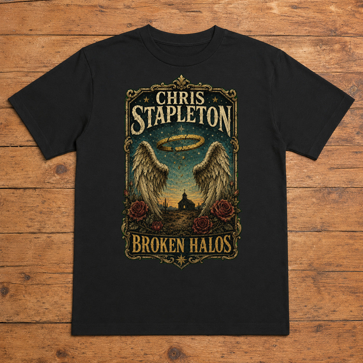 Chris Stapleton Broken Halos black DTF T-shirt flat lay with large back print