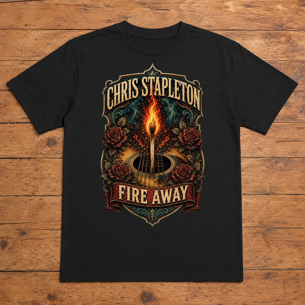 Chris Stapleton Fire Away black DTF T-shirt flat lay with large back print
