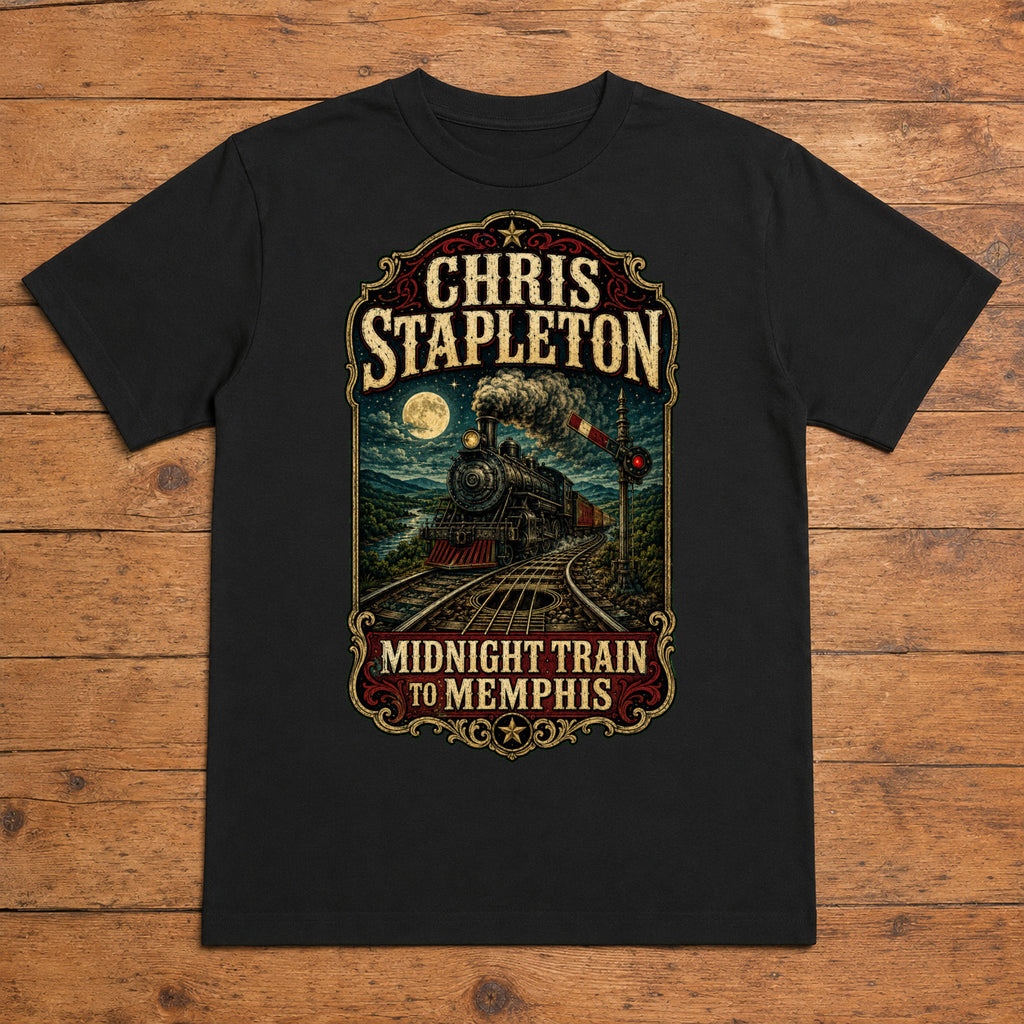 Chris Stapleton Midnight Train to Memphis black DTF T-shirt flat lay with large back print