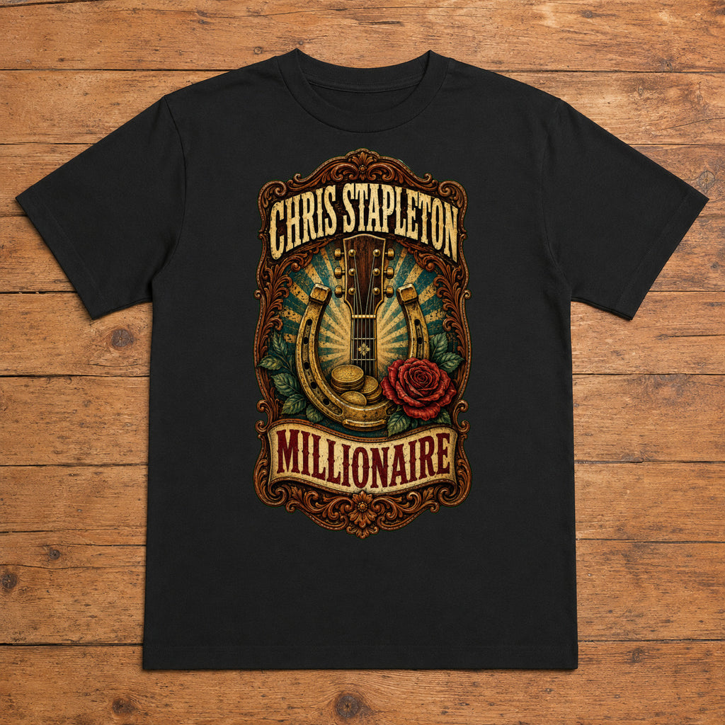 Chris Stapleton Millionaire black DTF T-shirt flat lay with large back print