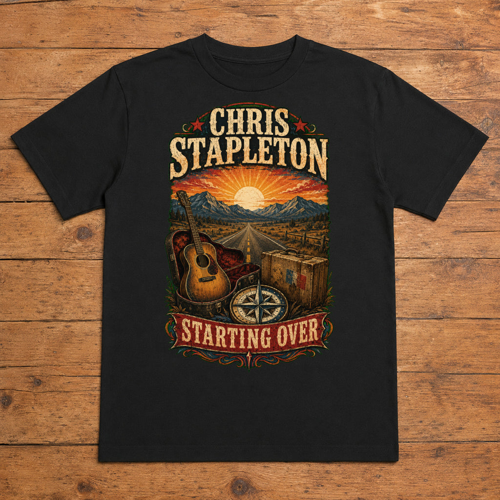 Chris Stapleton Starting Over black DTF T-shirt flat lay with large back print