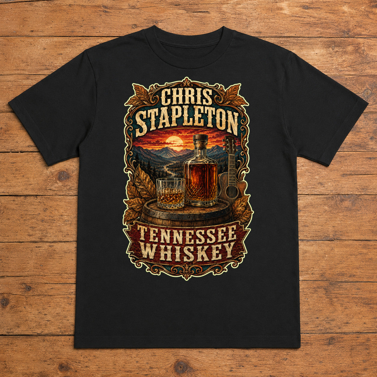 Chris Stapleton Tennessee Whiskey black DTF T-shirt flat lay with large back print