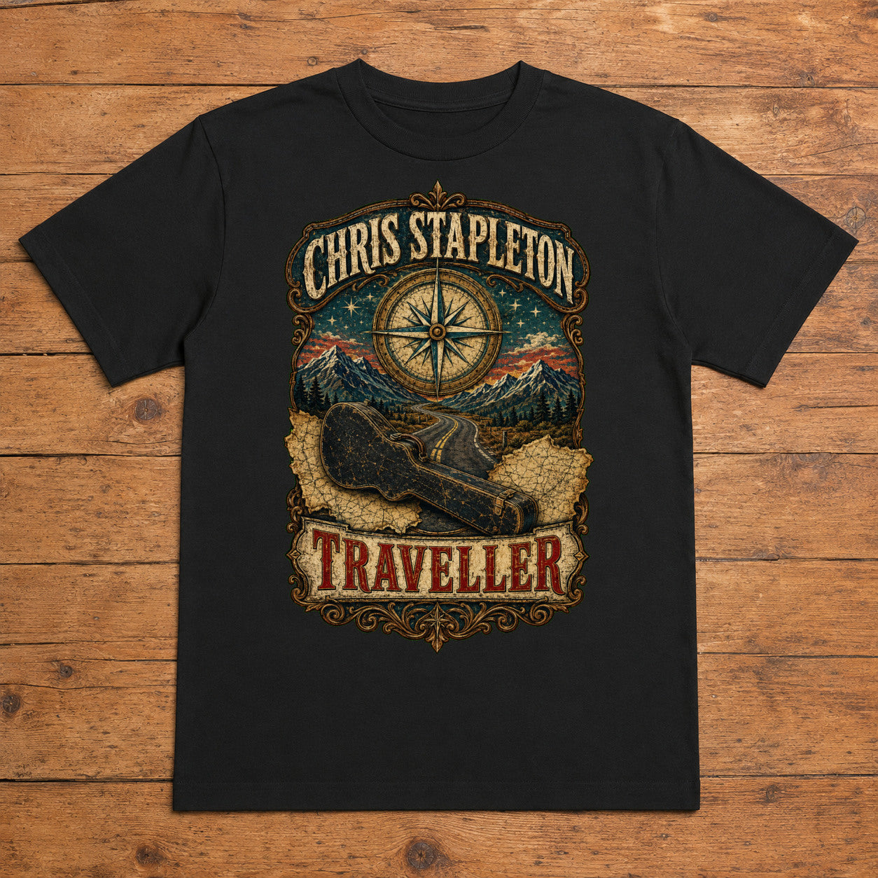 Chris Stapleton Traveller black DTF T-shirt flat lay with large back print