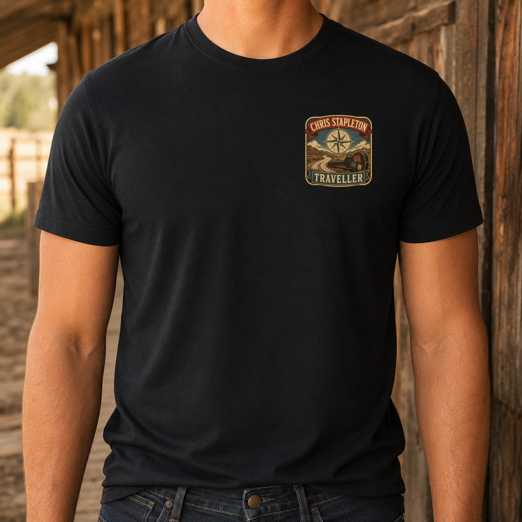 Chris Stapleton Traveller matching front left-chest DTF print close-up