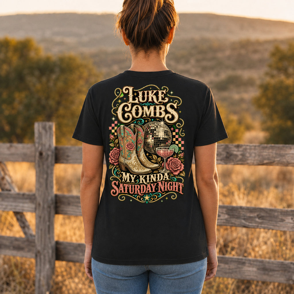 Luke Combs “My Kinda Saturday Night” Disco Back-Print T-Shirt female back-view mockup