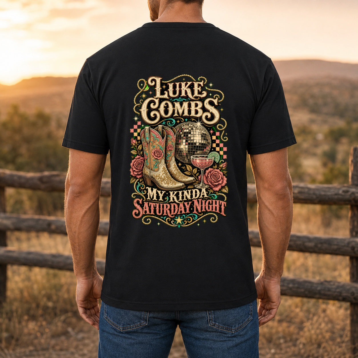 Luke Combs “My Kinda Saturday Night” Disco Back-Print T-Shirt male back-view mockup