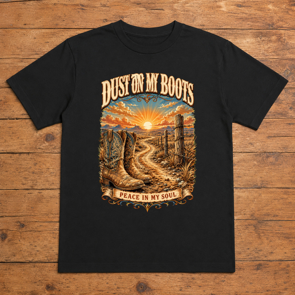 Dust on My Boots black country backroad T-shirt flat lay with large back print