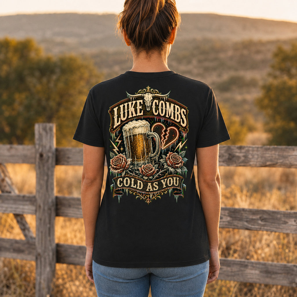 Luke Combs “Cold as You” Heart Back-Print T-Shirt female back-view mockup