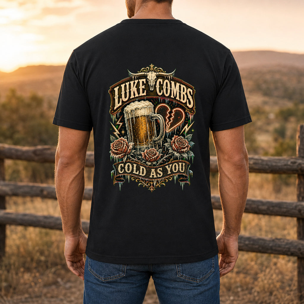 Luke Combs “Cold as You” Heart Back-Print T-Shirt male back-view mockup