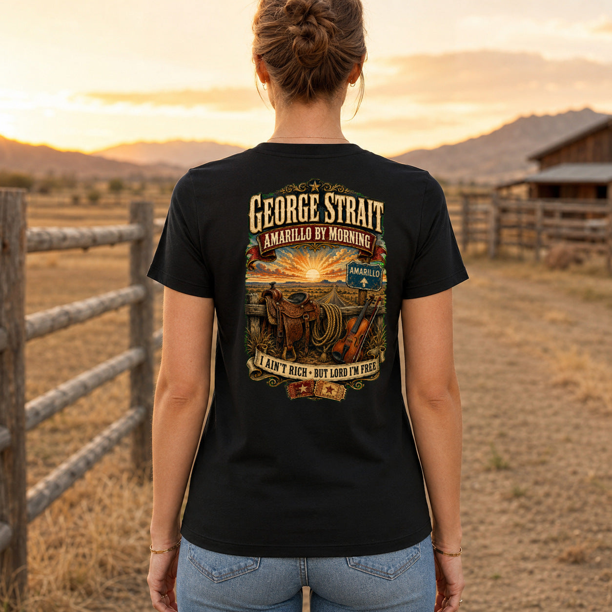 George Strait Amarillo by Morning Premium DTF T-Shirt women’s back fit showing centred DTF print