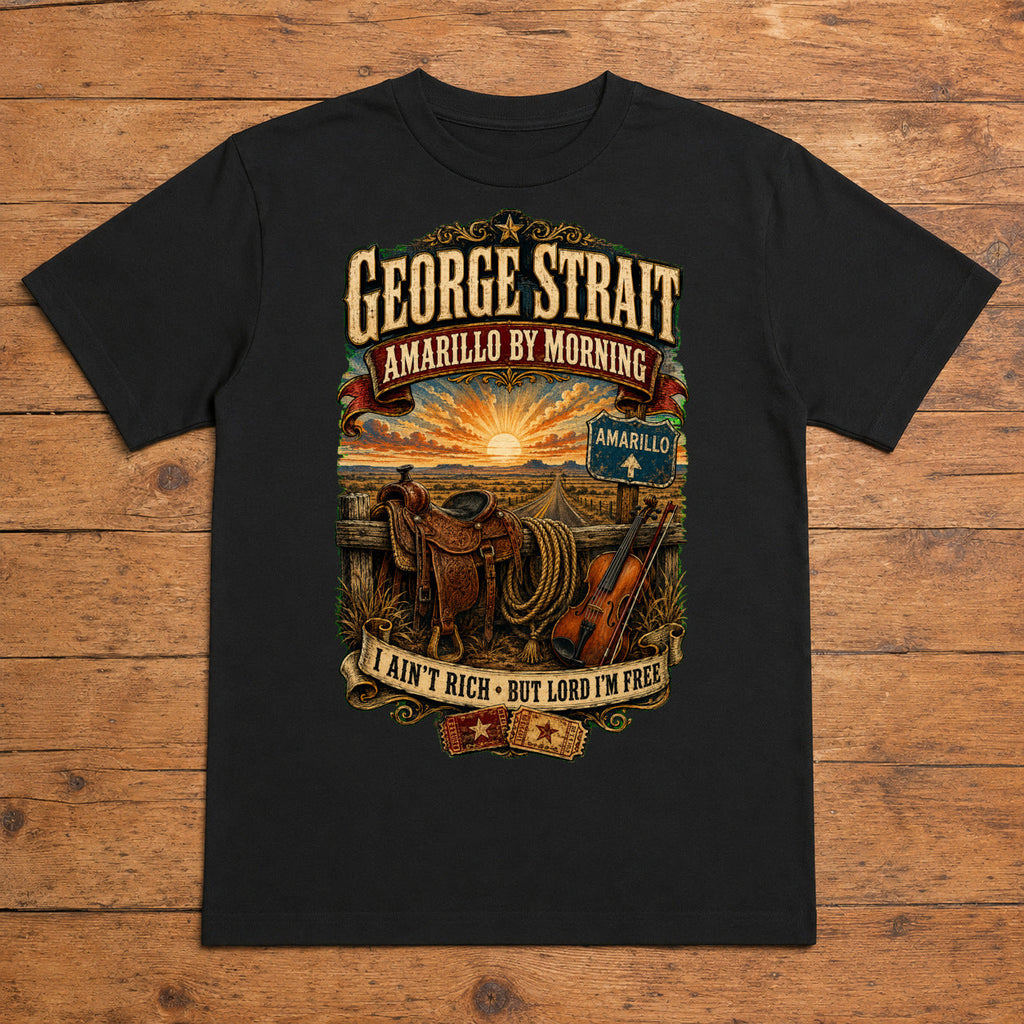 George Strait Amarillo by Morning Premium DTF T-Shirt flat lay showing large back print
