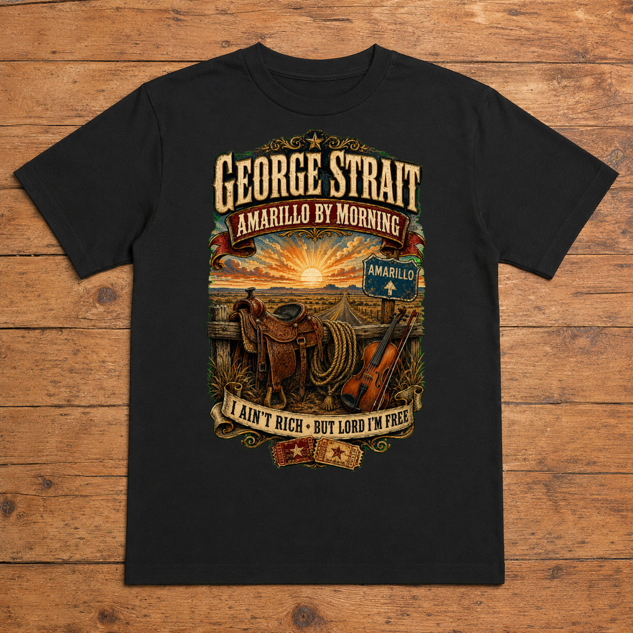 George Strait Amarillo by Morning Premium DTF T-Shirt flat lay showing large back print