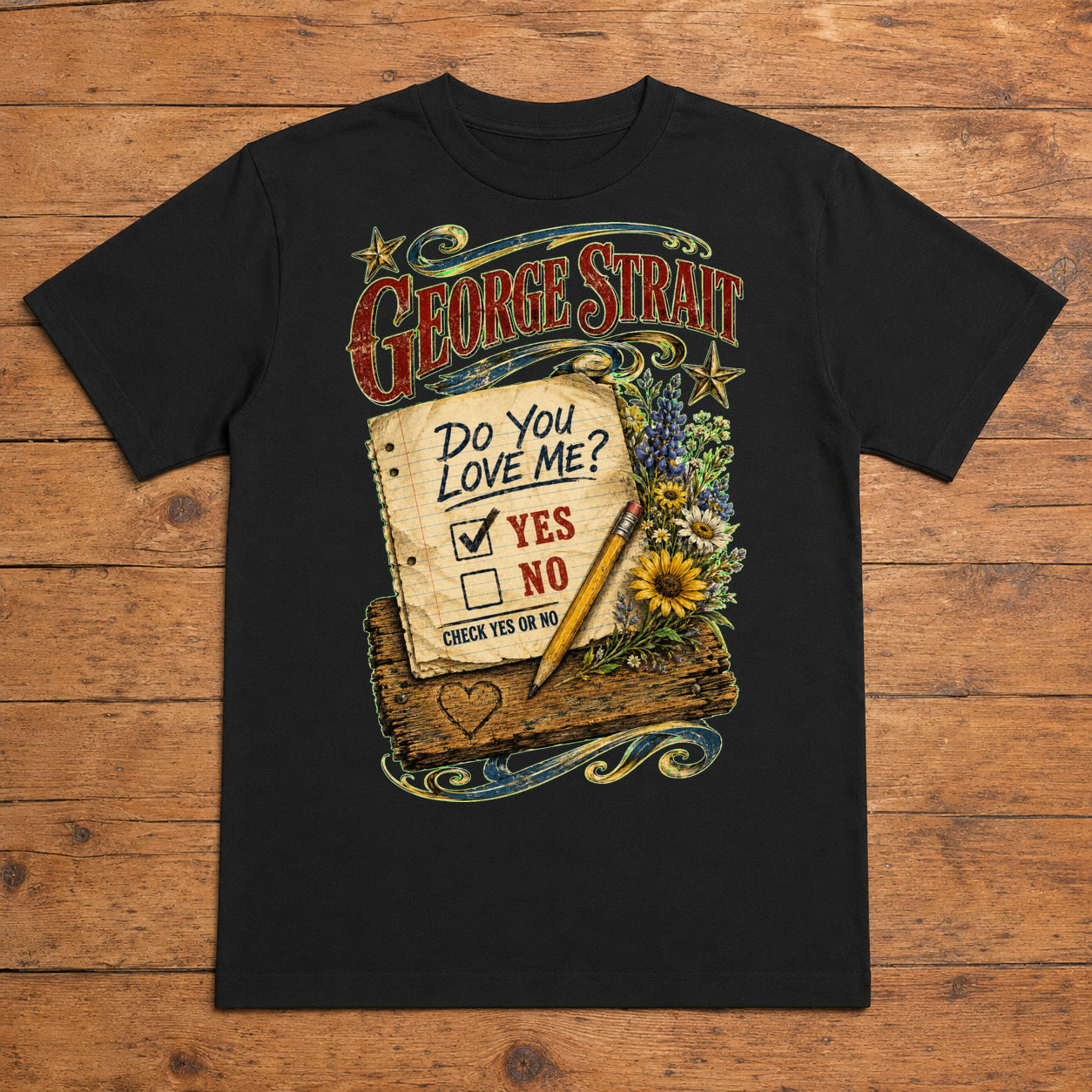 George Strait Check Yes or No Premium DTF T-Shirt flat lay showing large back print