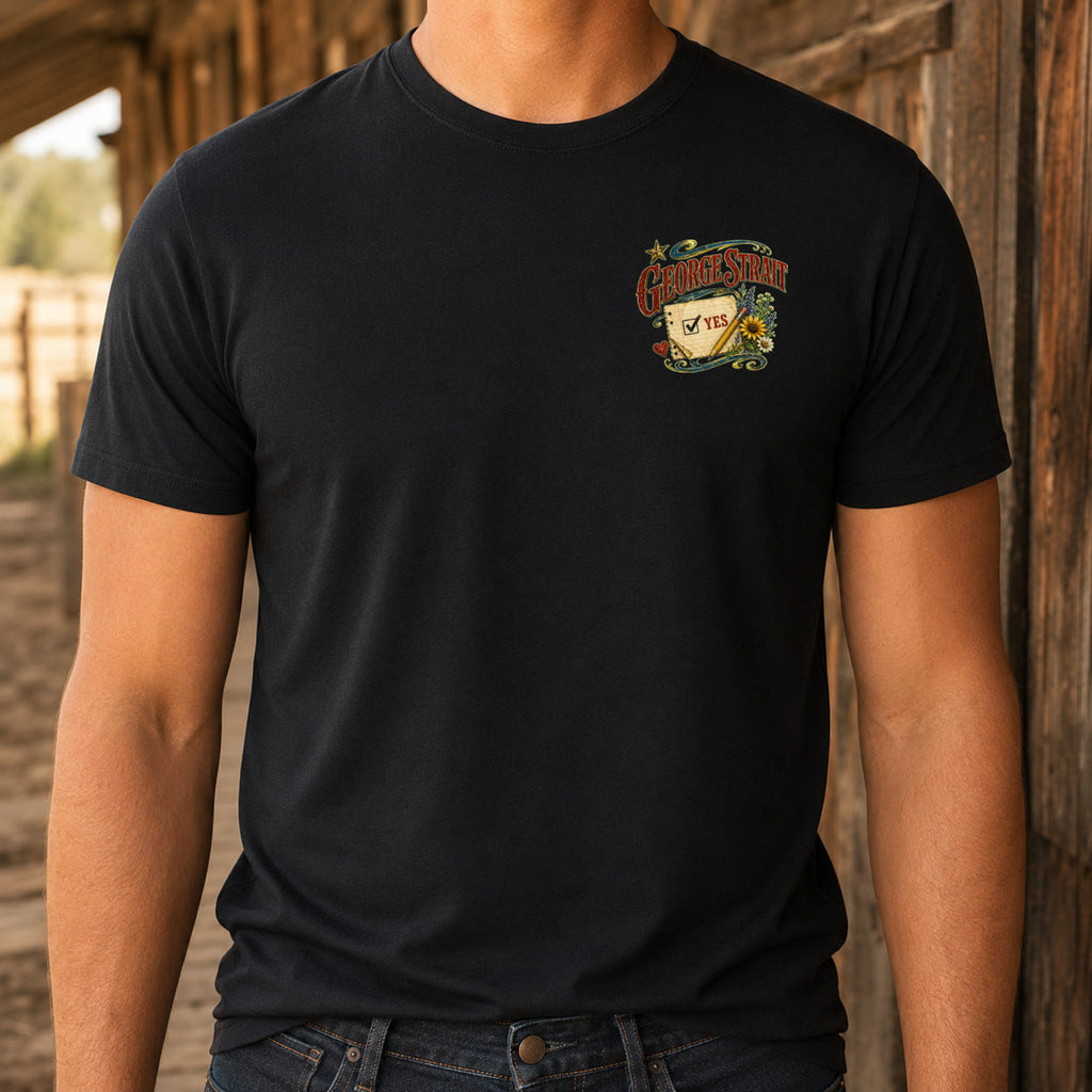George Strait Check Yes or No Premium DTF T-Shirt matching front left-chest print close-up