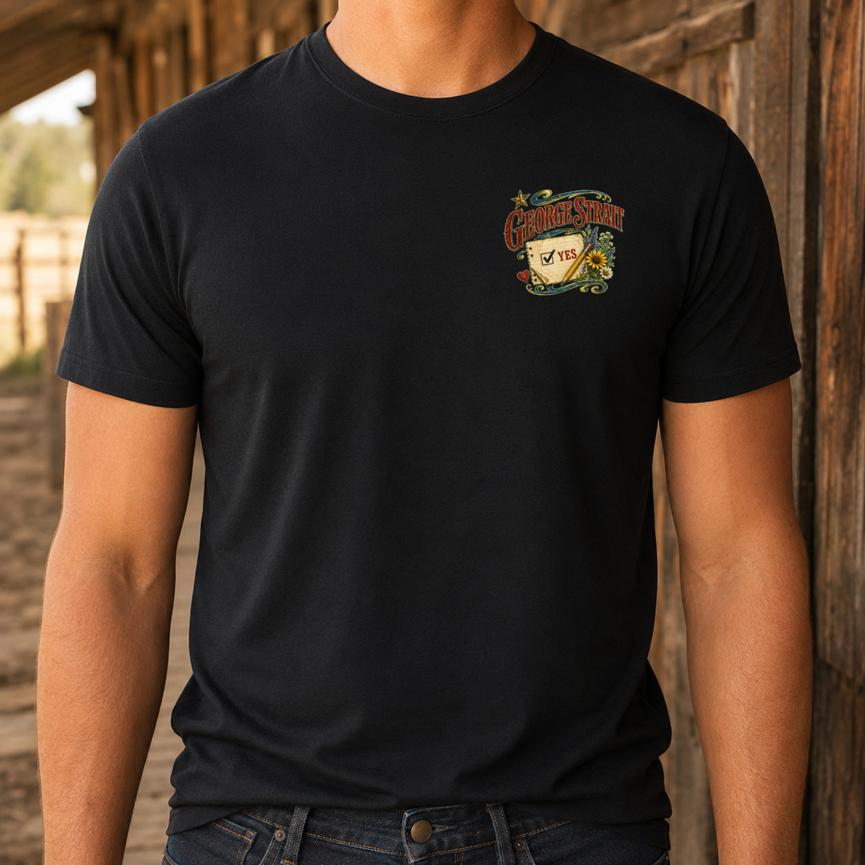 George Strait Check Yes or No Premium DTF T-Shirt matching front left-chest print close-up