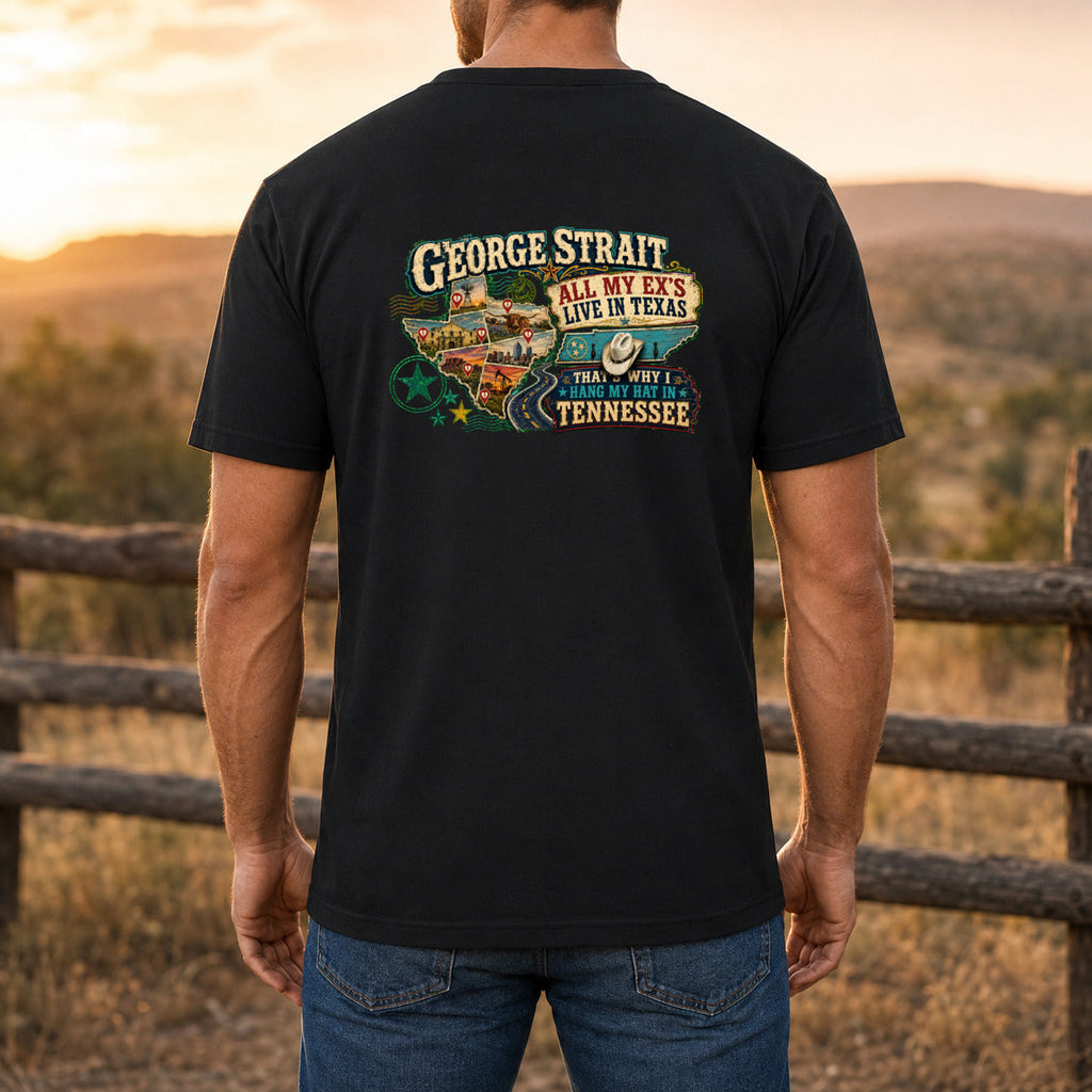 George Strait All My Ex’s Live in Texas Premium DTF T-Shirt men’s back fit showing DTF print