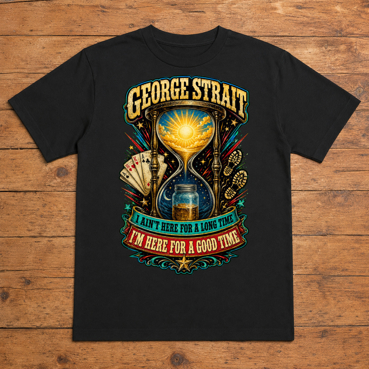 George Strait Here for a Good Time Premium DTF T-Shirt flat lay showing large back print