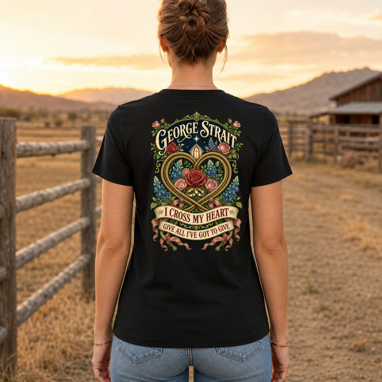 George Strait I Cross My Heart Premium DTF T-Shirt women’s back fit showing centred DTF print