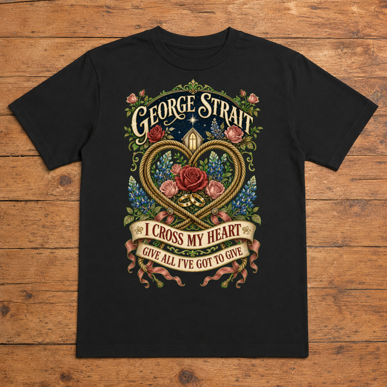 George Strait I Cross My Heart Premium DTF T-Shirt flat lay showing large back print