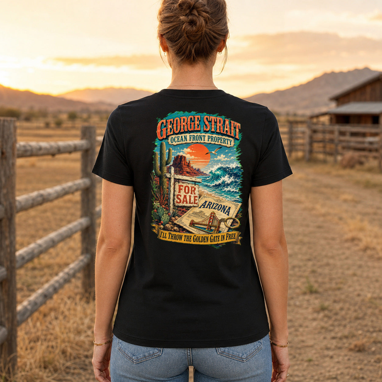 George Strait Ocean Front Property Premium DTF T-Shirt women’s back fit showing centred DTF print