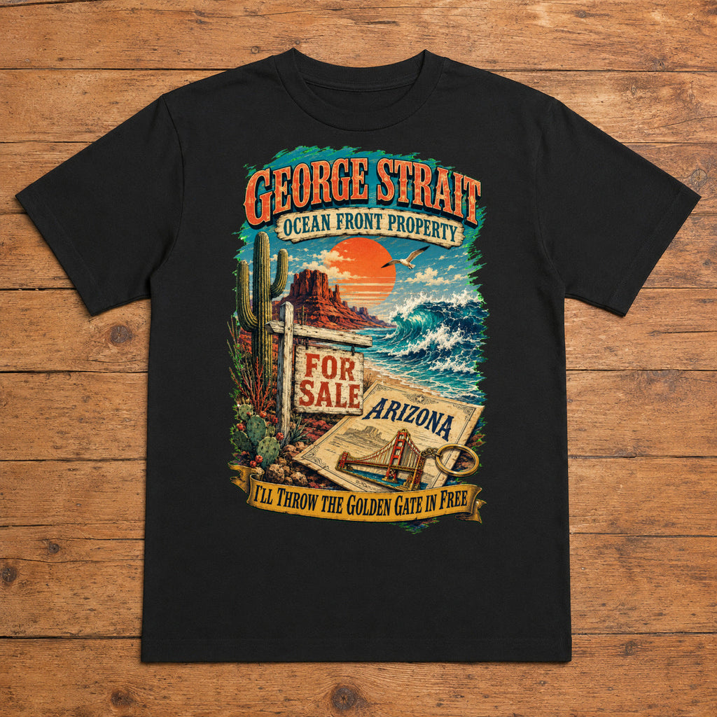 George Strait Ocean Front Property Premium DTF T-Shirt flat lay showing large back print
