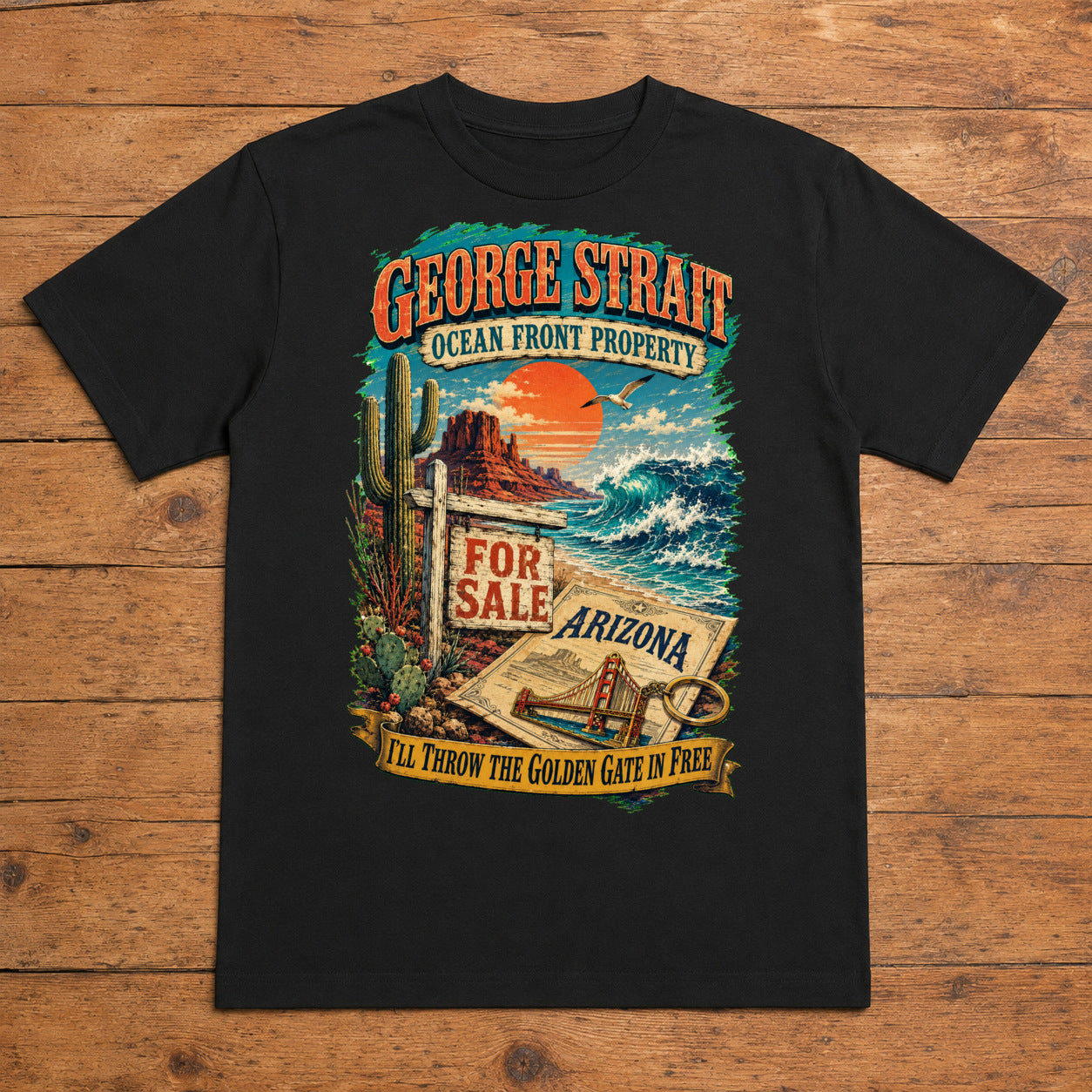 George Strait Ocean Front Property Premium DTF T-Shirt flat lay showing large back print
