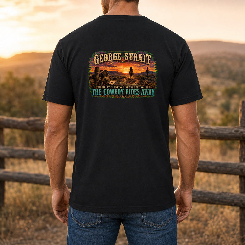 George Strait The Cowboy Rides Away Premium DTF T-Shirt men’s back fit showing DTF print