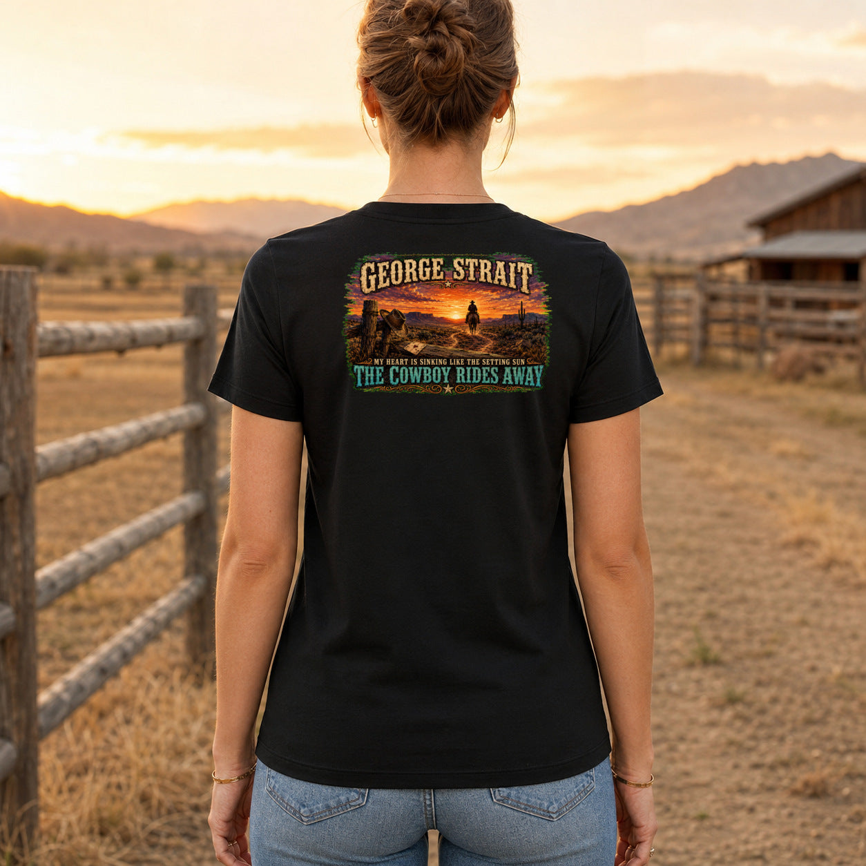 George Strait The Cowboy Rides Away Premium DTF T-Shirt women’s back fit showing centred DTF print