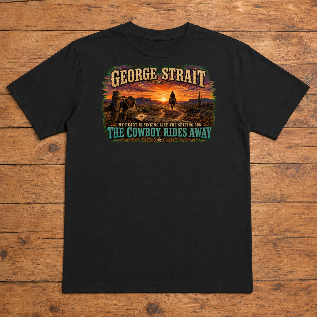 George Strait The Cowboy Rides Away Premium DTF T-Shirt flat lay showing large back print