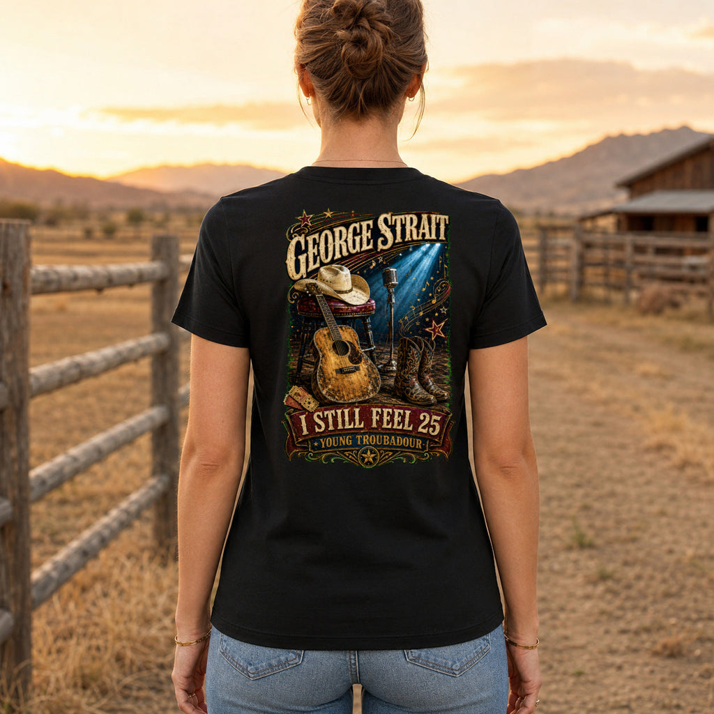George Strait Troubadour Premium DTF T-Shirt women’s back fit showing centred DTF print