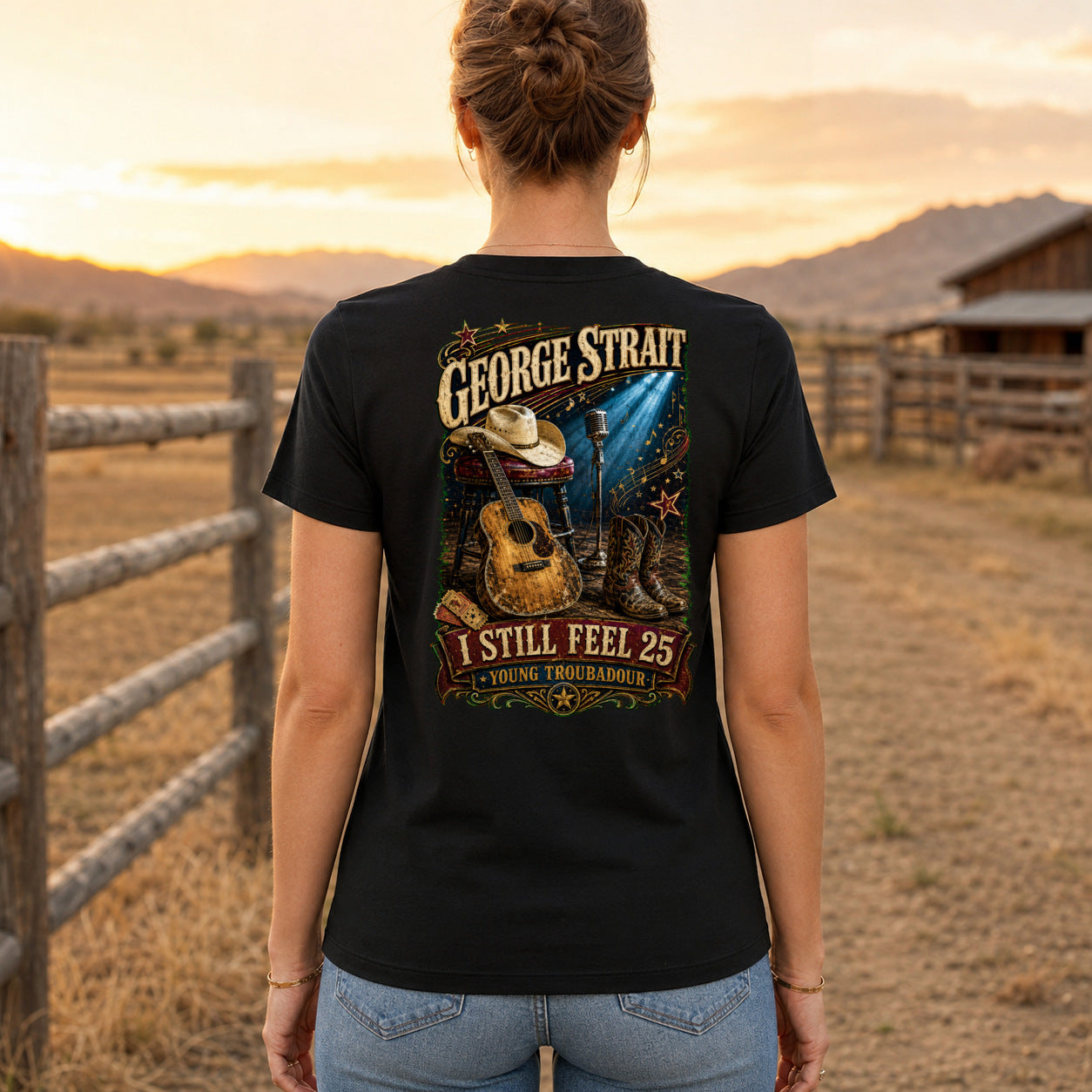 George Strait Troubadour Premium DTF T-Shirt women’s back fit showing centred DTF print