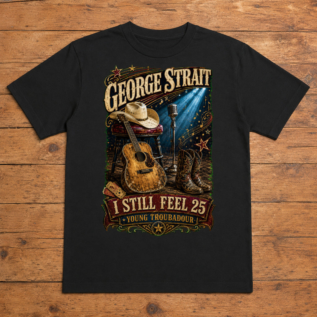 George Strait Troubadour Premium DTF T-Shirt flat lay showing large back print