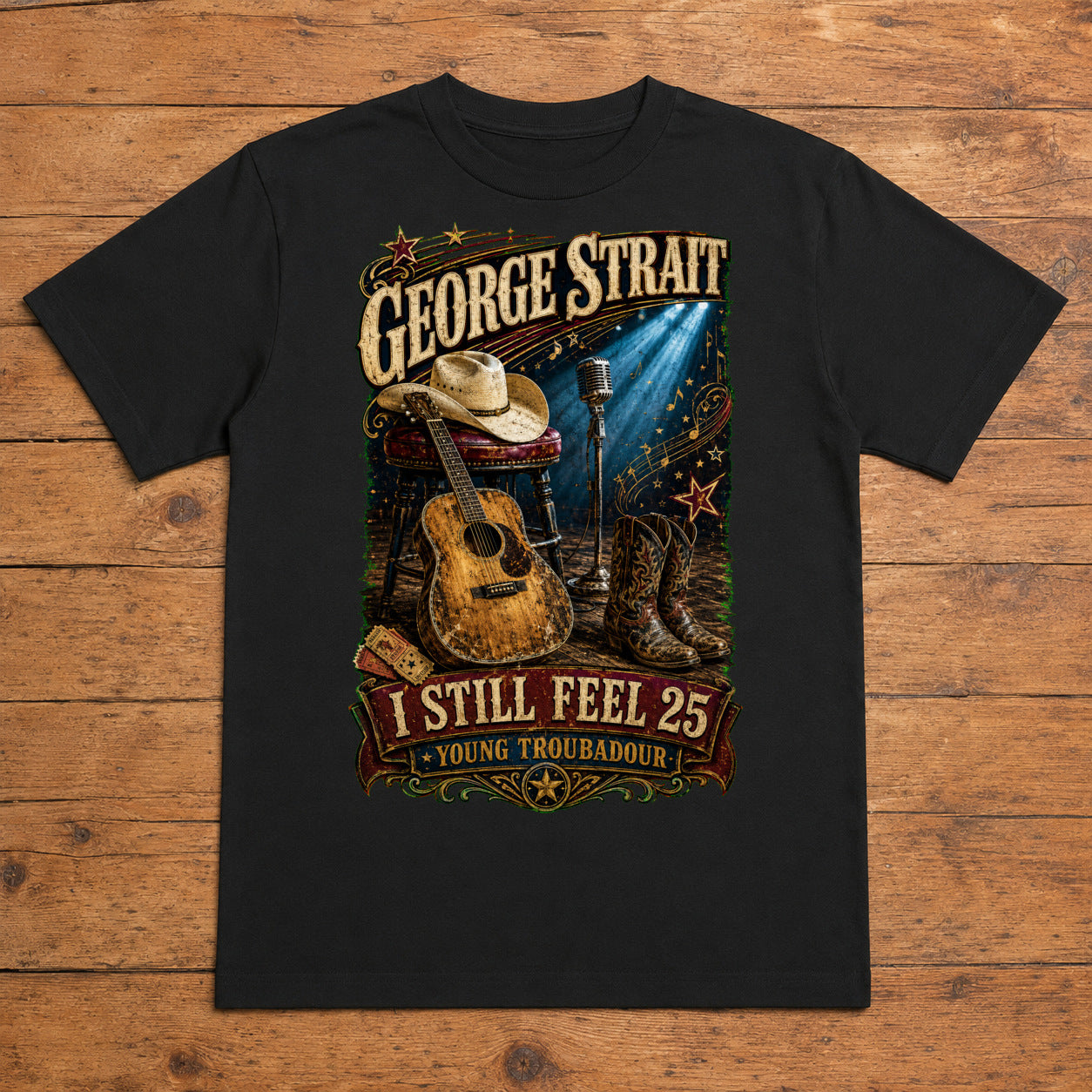 George Strait Troubadour Premium DTF T-Shirt flat lay showing large back print