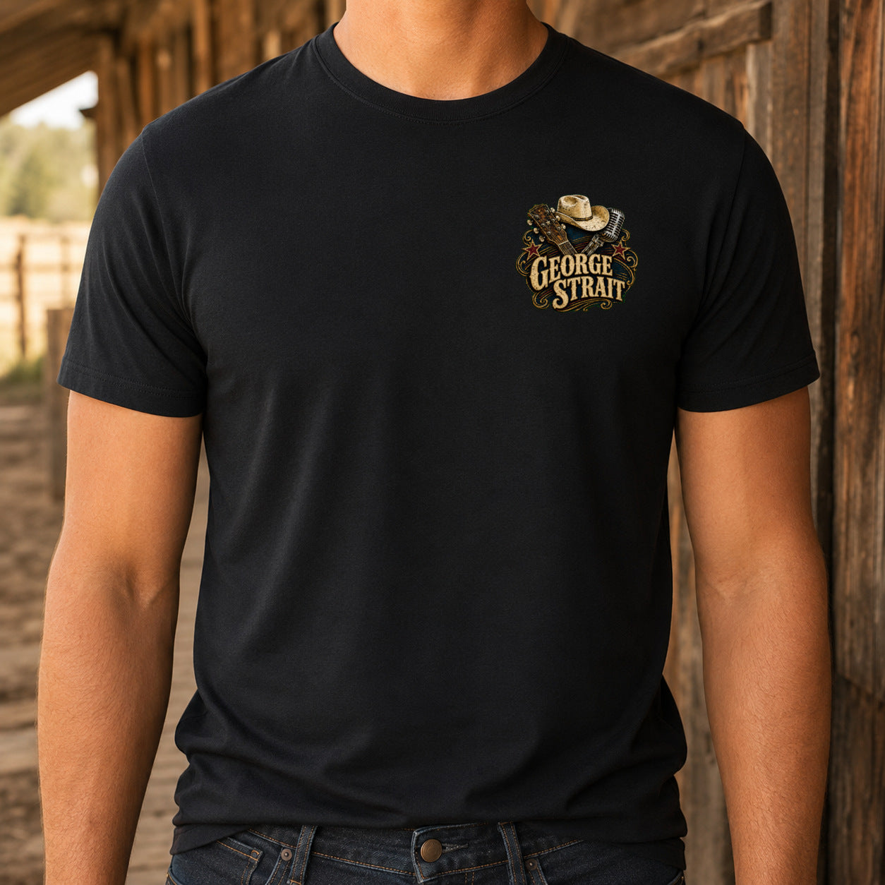 George Strait Troubadour Premium DTF T-Shirt matching front left-chest print close-up