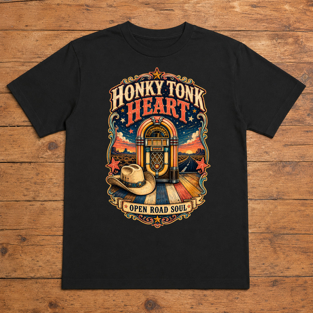 Honky Tonk Heart black honky tonk country T-shirt flat lay with large back print