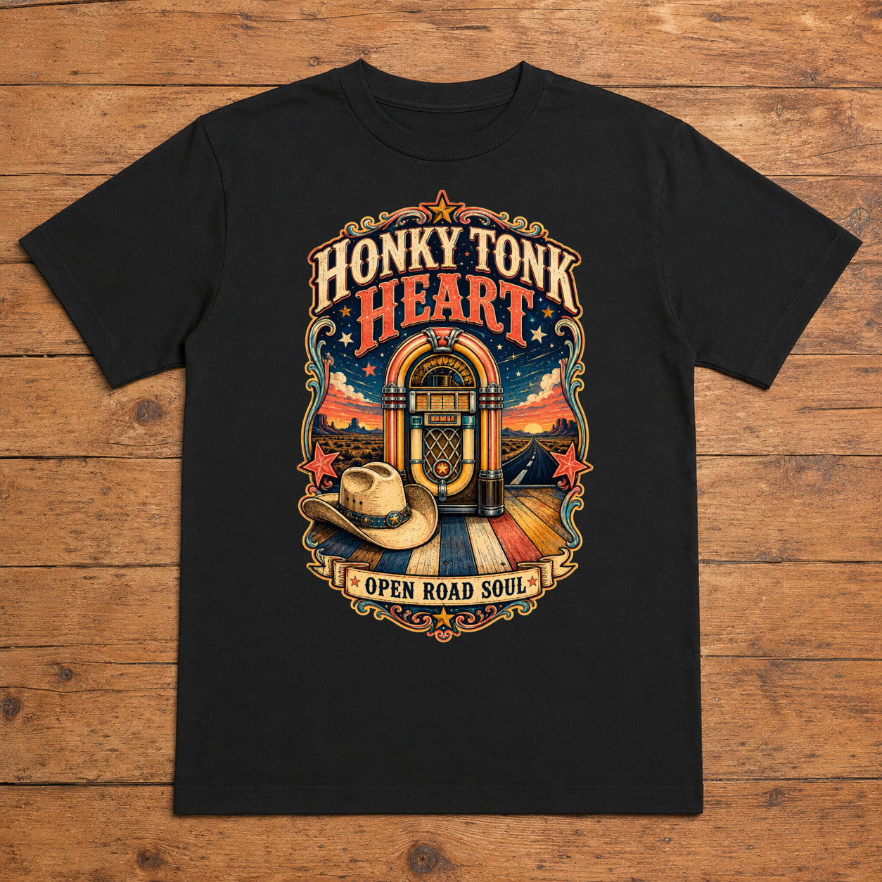 Honky Tonk Heart black honky tonk country T-shirt flat lay with large back print